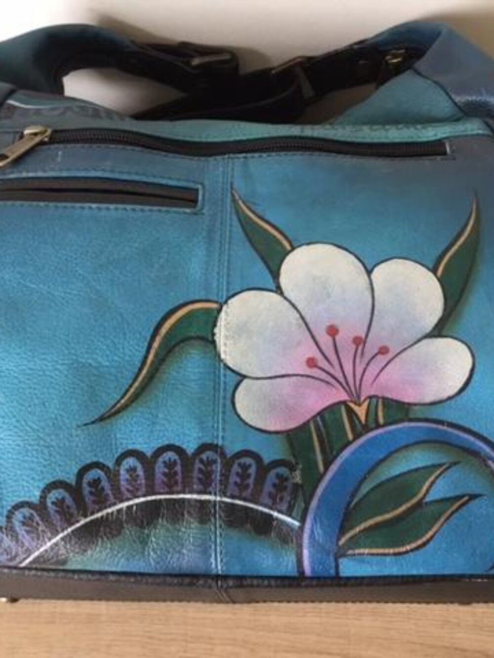 Anuschka Teal Floral Shoulder Bag with Pink and Blue Accents and Makeup Bag - Picture 7 of 14